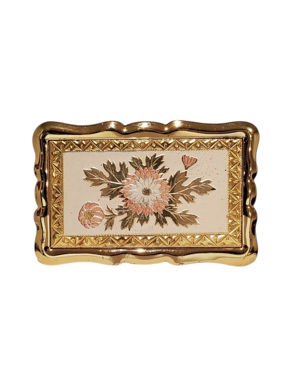 Vintage Estate Tri-Tone Etched Floral Scalloped Rectangular Belt Buckle